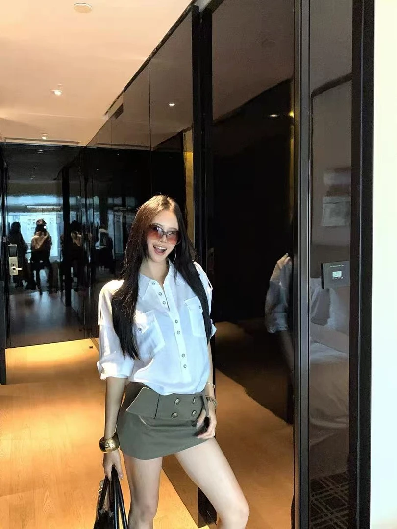 白色亚麻polo领长袖衬衫女秋季后背绑带宽松衬衣小众休闲开衫套装