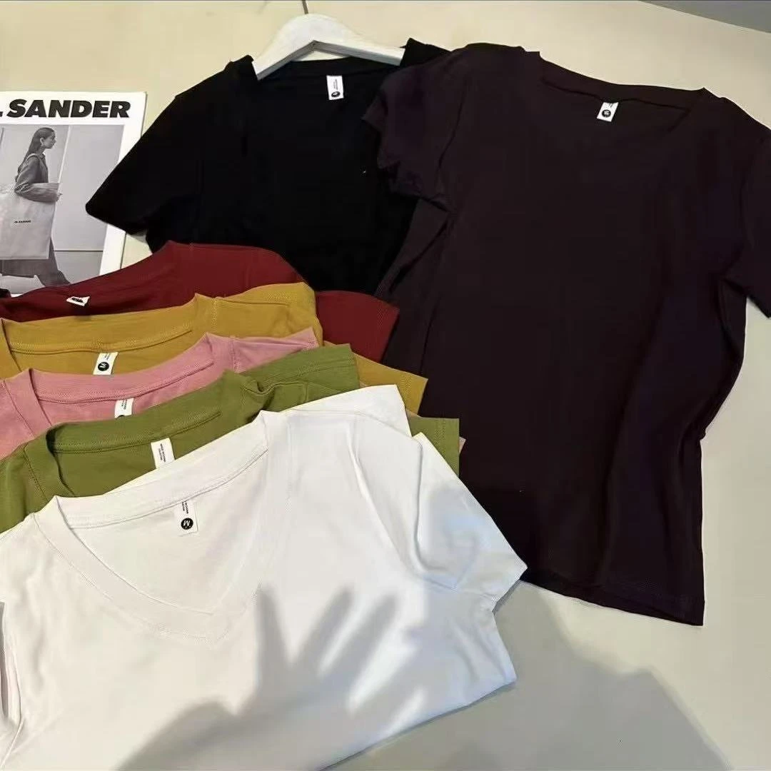 年时尚简约通勤松弛感V领显瘦T恤圆领舒适弹力夏季款女短袖潮2052