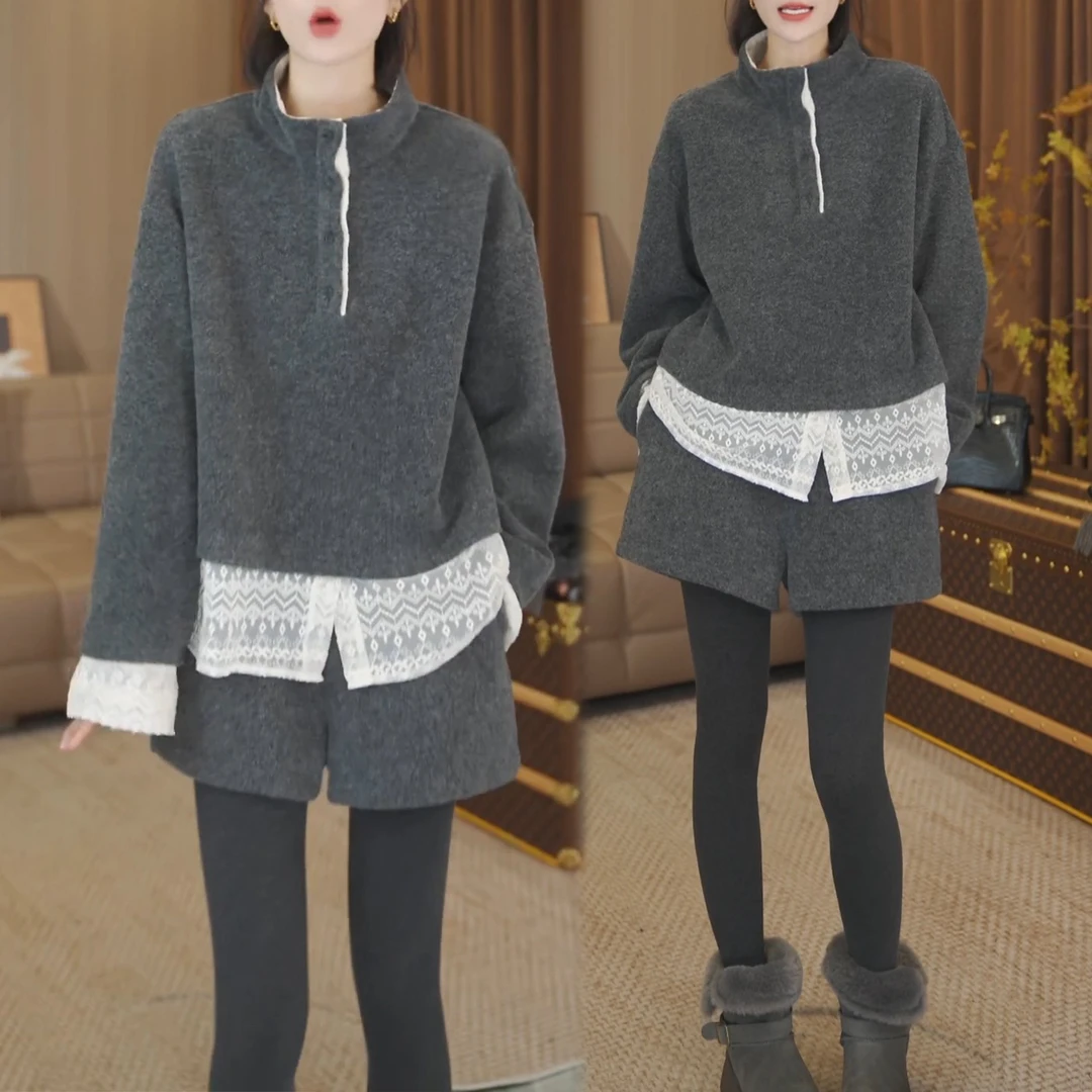 2025秋冬新款撞色休闲拼接蕾丝下摆高级感卫衣加厚阔腿短裤两件套