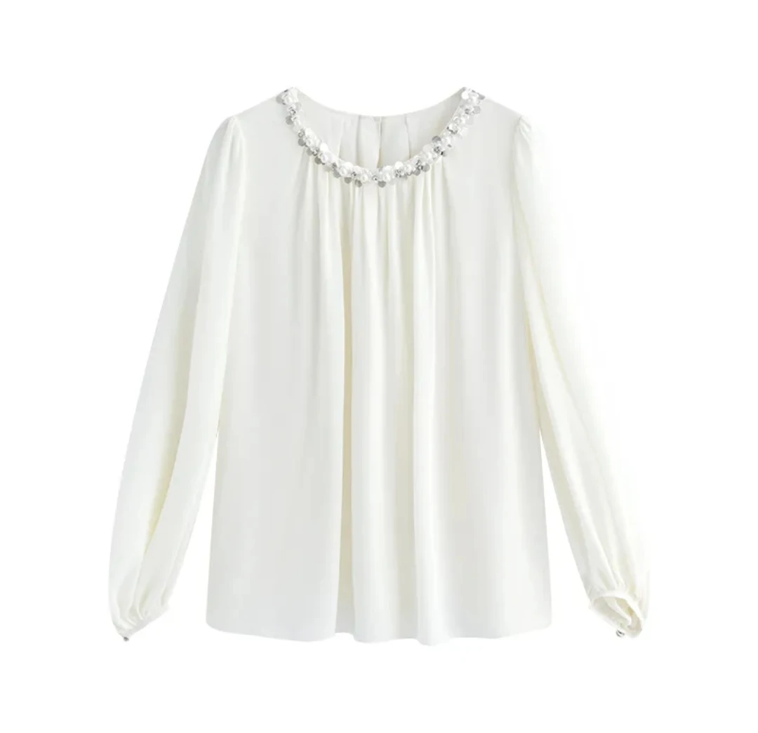 《猪猪出品》百搭钉珠米杏色圆领女装珍珠衬衫