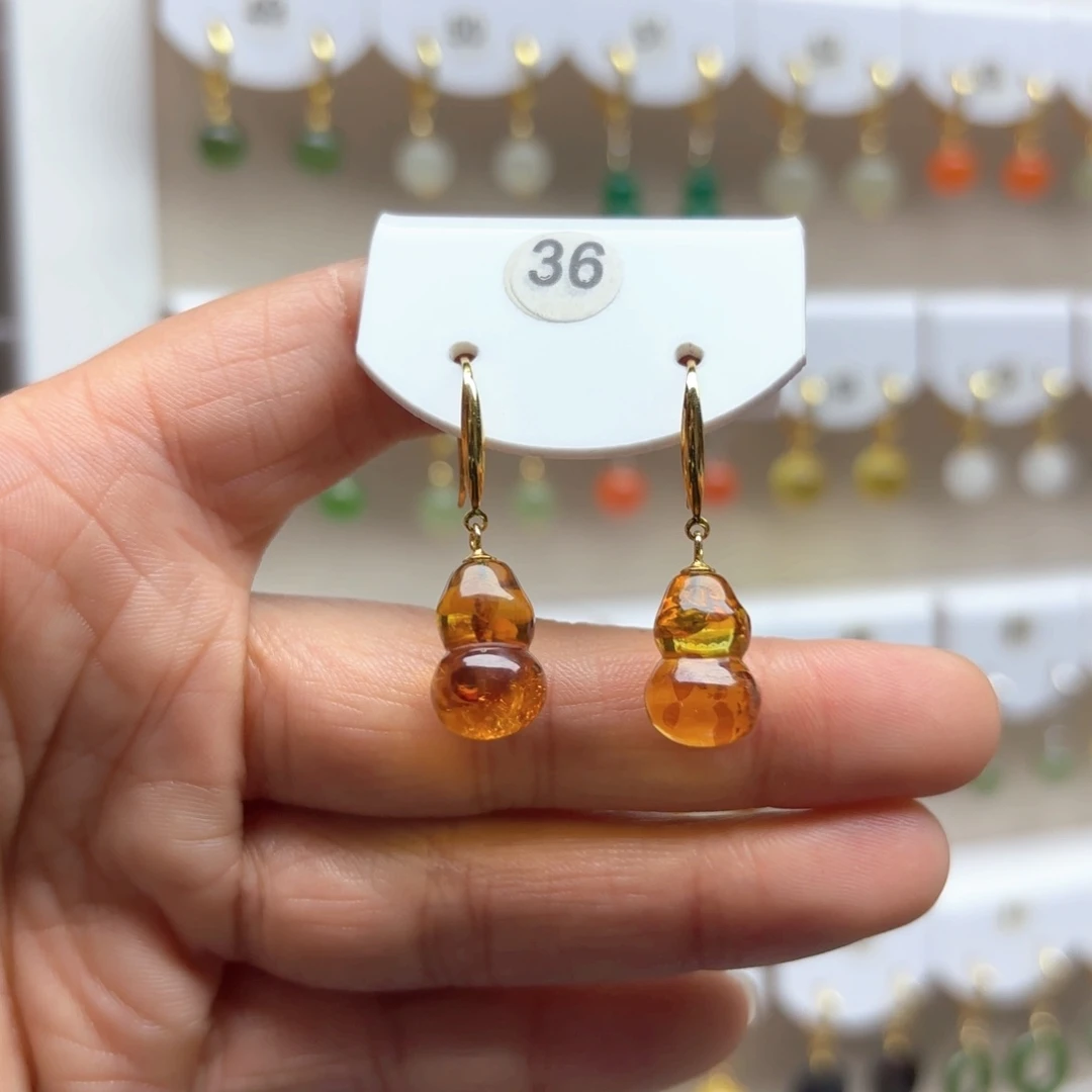 琥珀（花珀）耳饰银S925镶嵌花珀