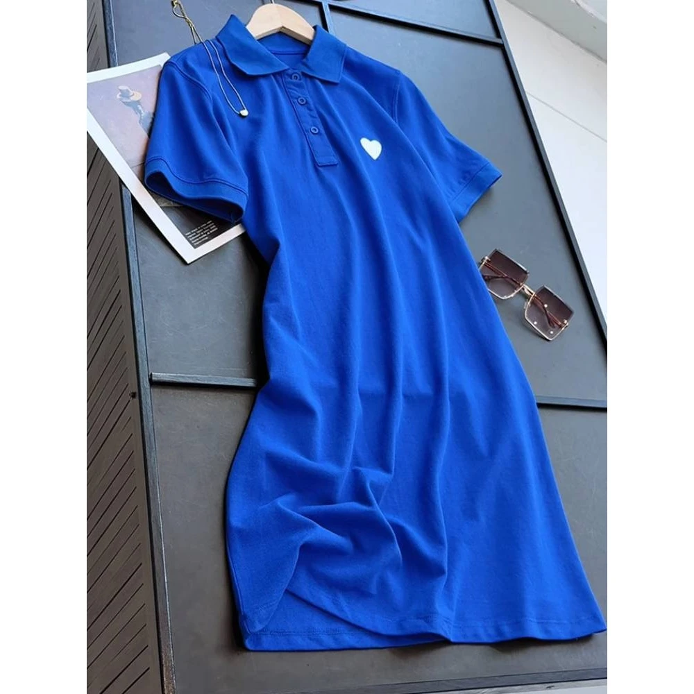 polo领纯棉连衣裙女短袖宽松爱心刺绣休闲运动长裙