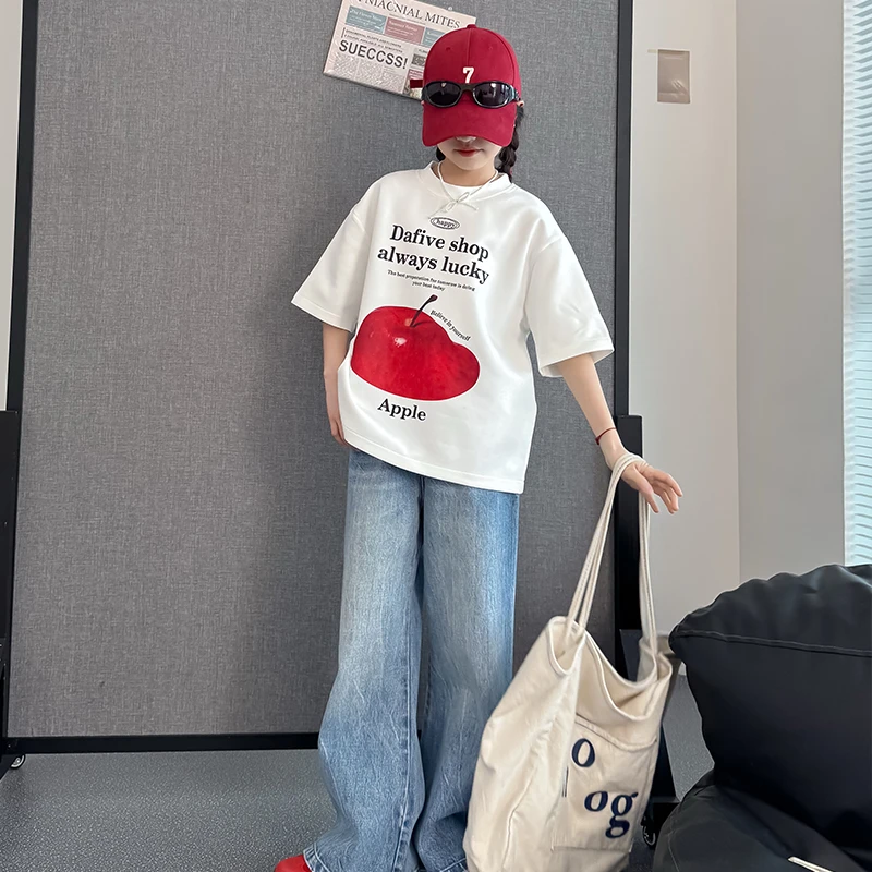 儿童T恤女短袖2025新款夏季女童洋气宽松印花上衣韩版休闲半袖