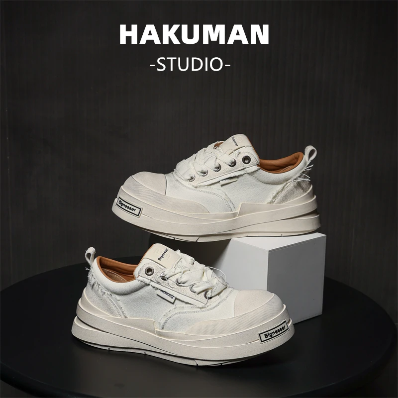 2025新款男鞋春季透气帆布鞋厚底毛须绷带小众板鞋潮流增高休闲鞋