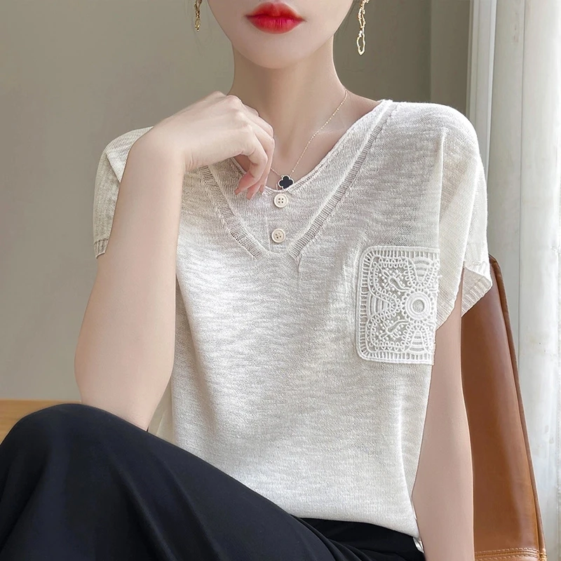 V领竹节麻针织衫短袖女夏季薄款镂空宽松显瘦气质百搭设计感上衣