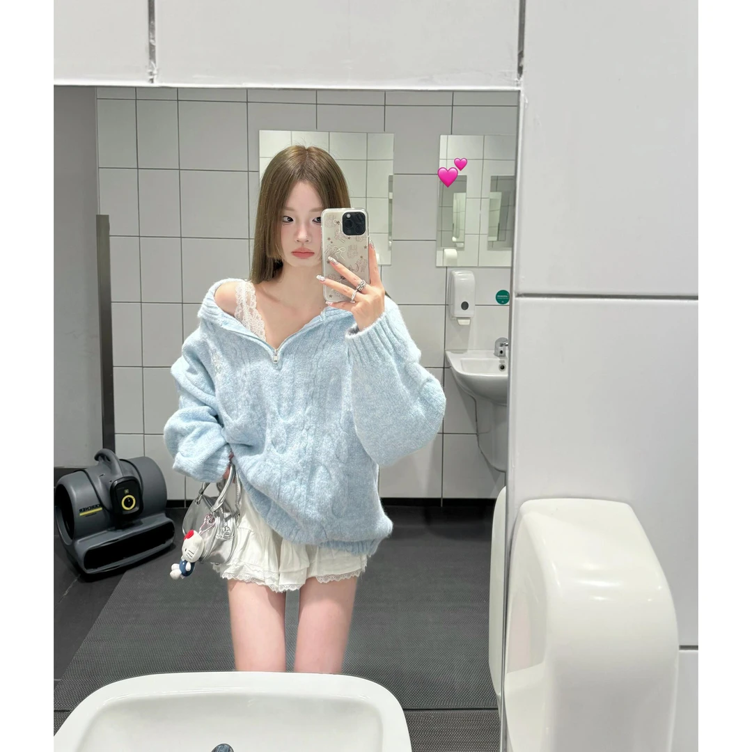 入秋一整套女装2024新款韩版半拉链套头针织毛衣白色短裙两件套装