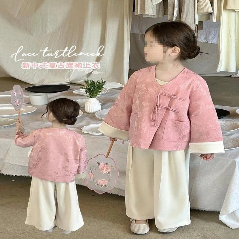 女童新中式旗袍上衣套装2025春季新品复古宝宝盘扣外套童装春装