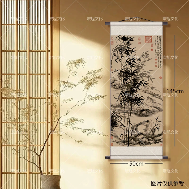 新中式《墨竹》竖幅卷轴挂画145CM*50CM高档装裱适合客厅书房装饰