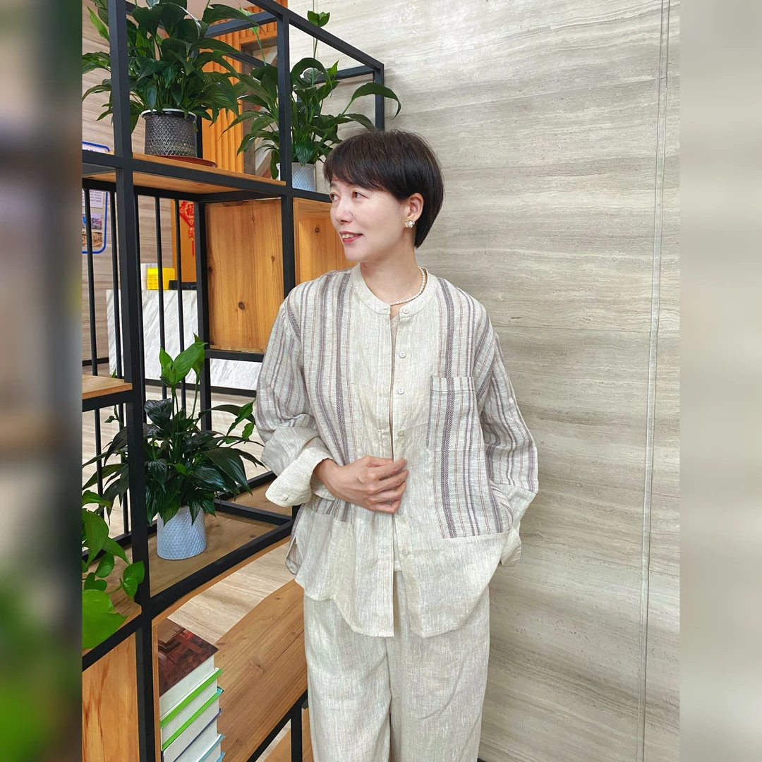 【YAN】设计师款色织亚麻拼接立领松弛感休闲上衣 SQZLJM25039B6813