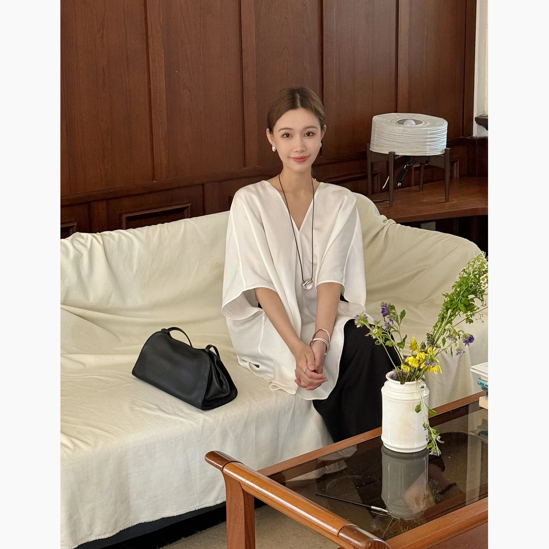 Janie Yee”贵妇白“ 进口醋酸亚麻老钱短袖T恤衬衫上衣女 25A2787