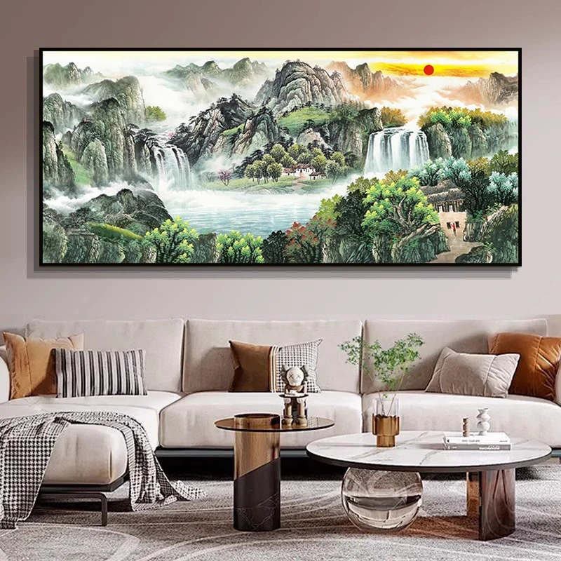 2025新款水晶钻石画满钻客厅简约风景点贴钻十字绣流水生财钻石绣