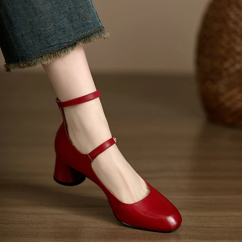 不累脚手工女鞋5cm~2025春季新款真皮粗跟高跟鞋法式玛丽珍鞋单鞋