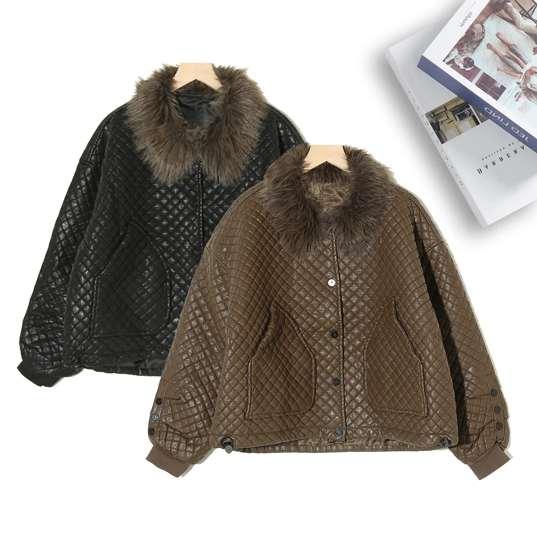 【特价】炸街爆款翻领女菱格韩版休闲宽松夹棉加厚保暖外套P-2G200