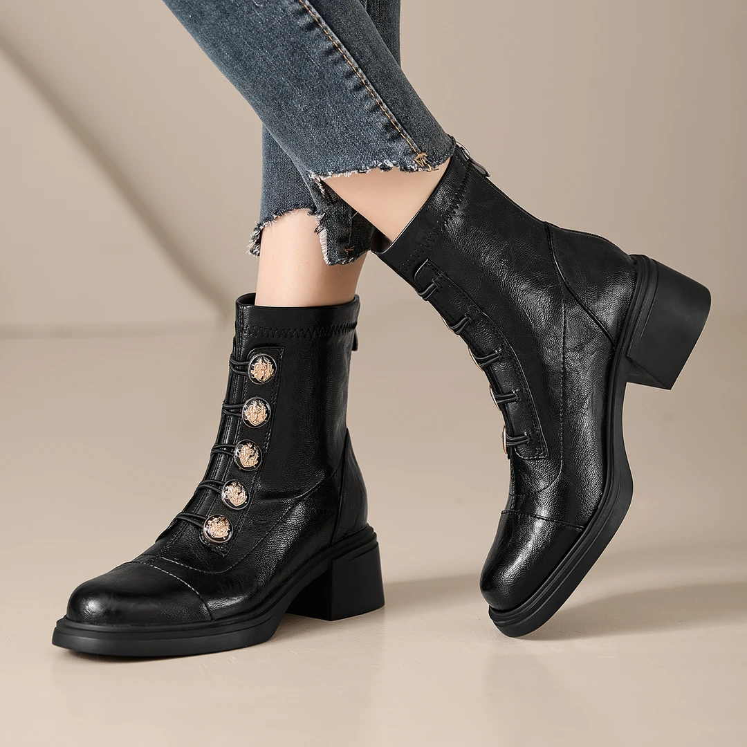 VICEN FIFI5cm靴子女2025冬新款复古短靴女粗跟机车靴百搭瘦瘦靴