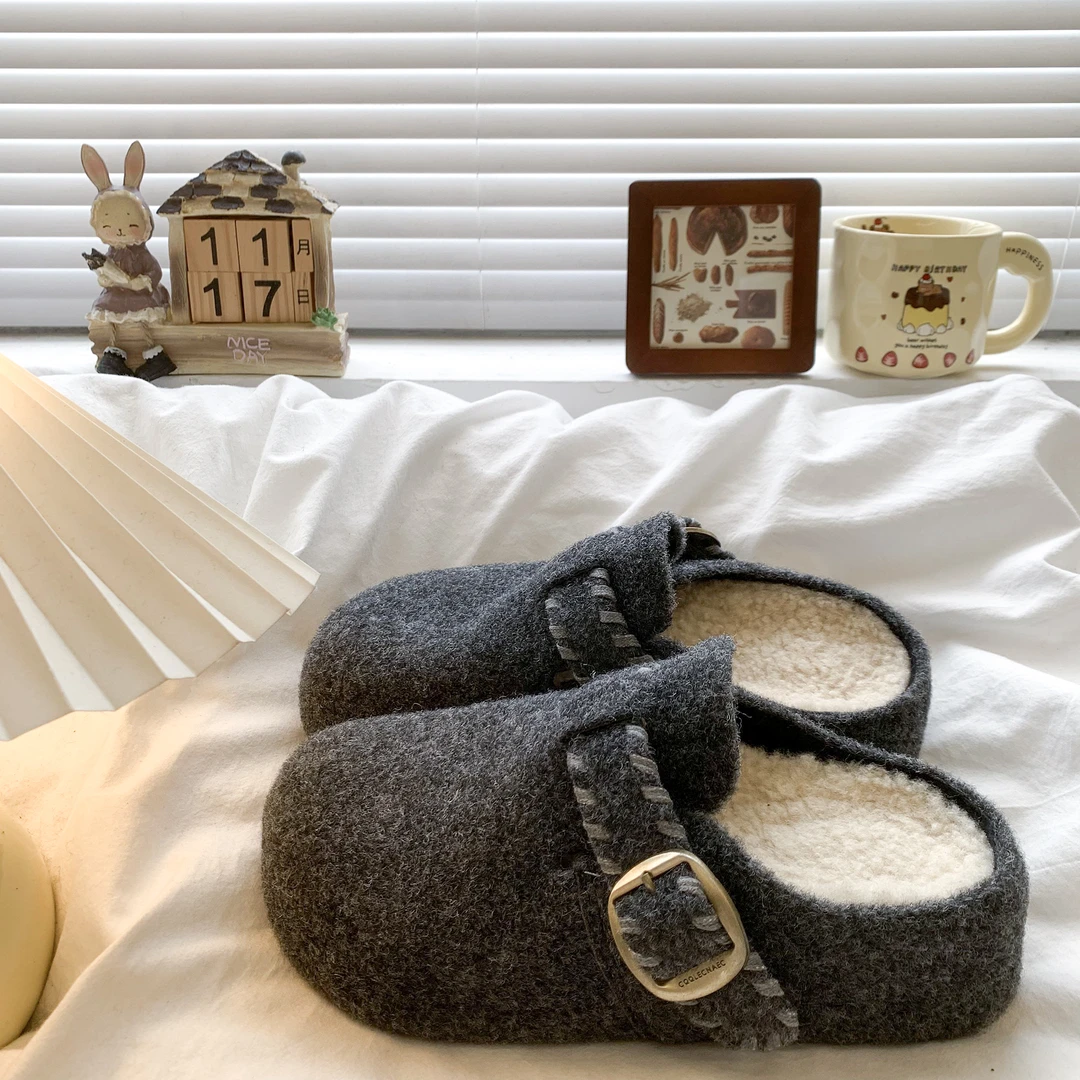 啄木鸟灰色勃肯鞋加绒包头半拖鞋女外穿2025新款秋冬季毛毛棉拖鞋