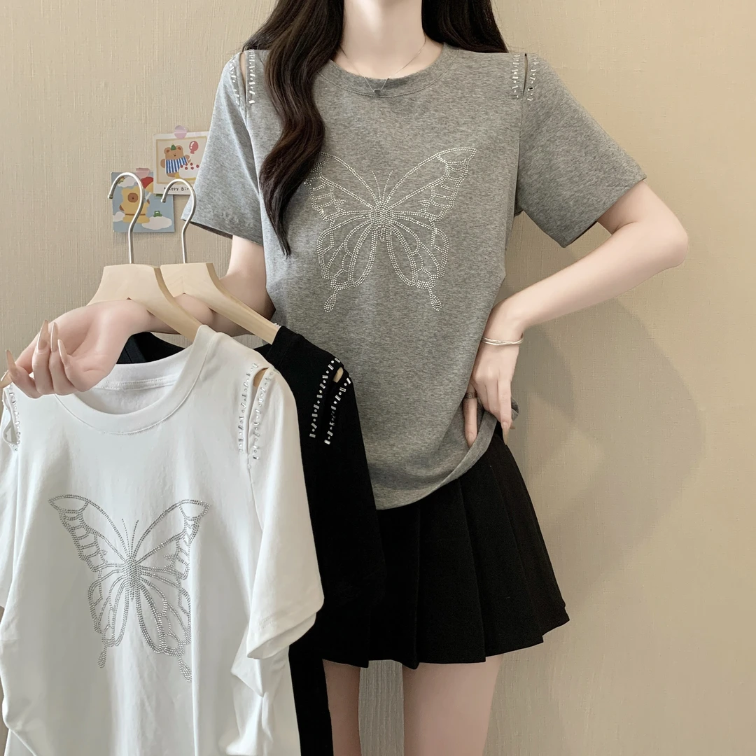 大码女装新款夏重工烫钻胖妹妹修身显瘦上衣蝴蝶露肩圆领短袖T恤