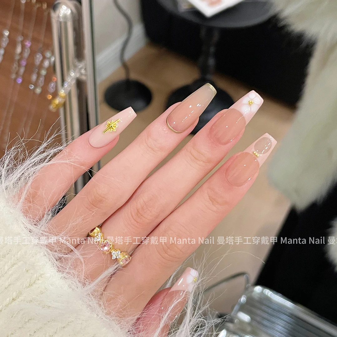 小棉花｜纯欲法式小花晕染纯手工穿戴甲简约温柔