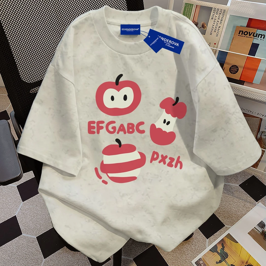 100%纯棉涂鸦字母卡通扎染短袖t恤男女夏季休闲潮流圆领情侣上衣