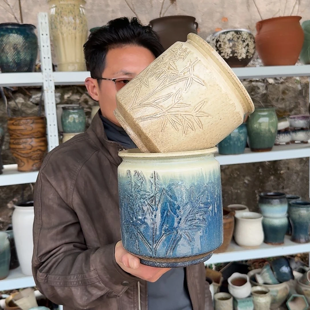 紫砂花盆竹子两个直筒口17个19