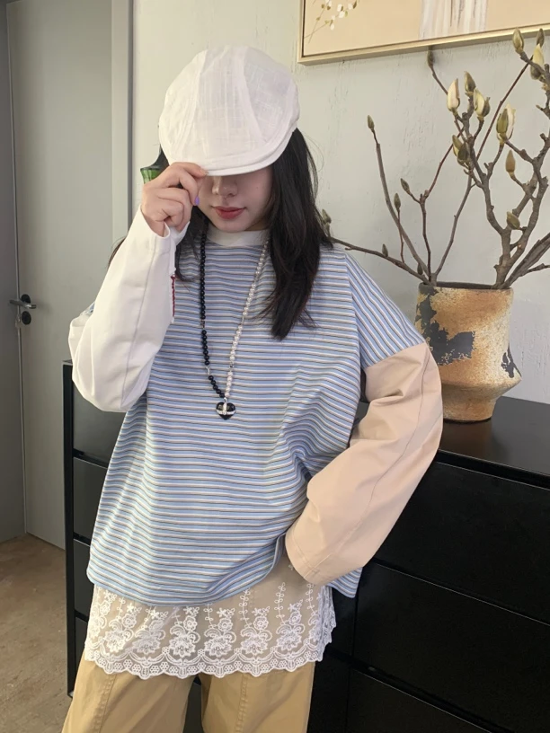 Annenono条纹假两件春款T恤