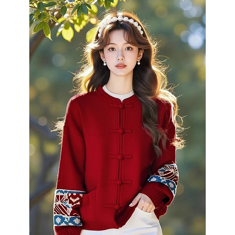 宽松国风气质盘扣毛衣女士2025春季新款新年战袍红色新中式针织衫