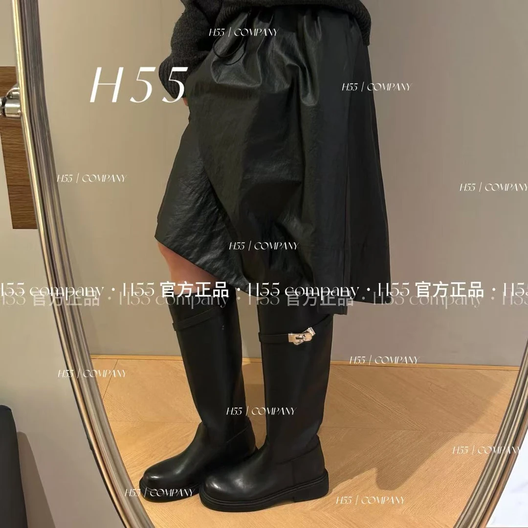 H55女鞋继承者帅气直筒靴马靴纯黑显瘦加绒百搭骑士靴59-3063-YY