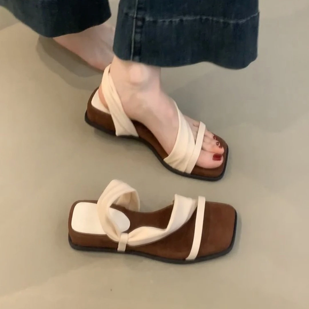 羊皮版~厚底坡跟方头一字带拖鞋女外穿配裙子复古气质两穿凉拖鞋