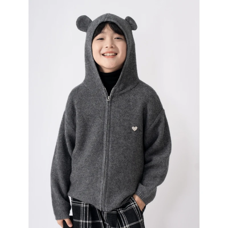 ‘灰巧’【100%羊毛】男童拉链衫连帽领开衫外套羊毛衫儿童毛衣C
