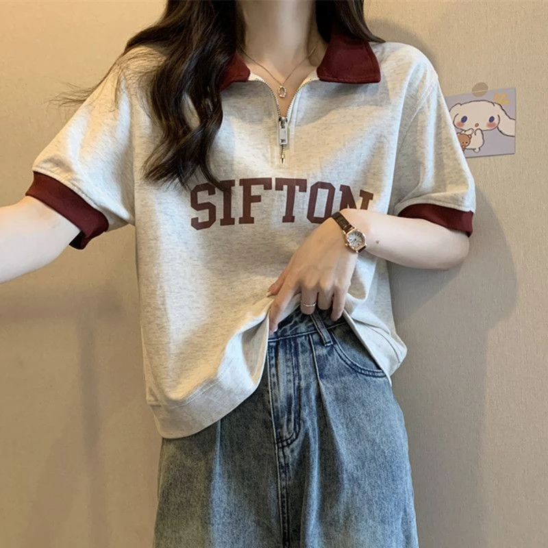 女大码夏季新款美式恤短袖胖宽松显瘦拉链百搭休闲斤