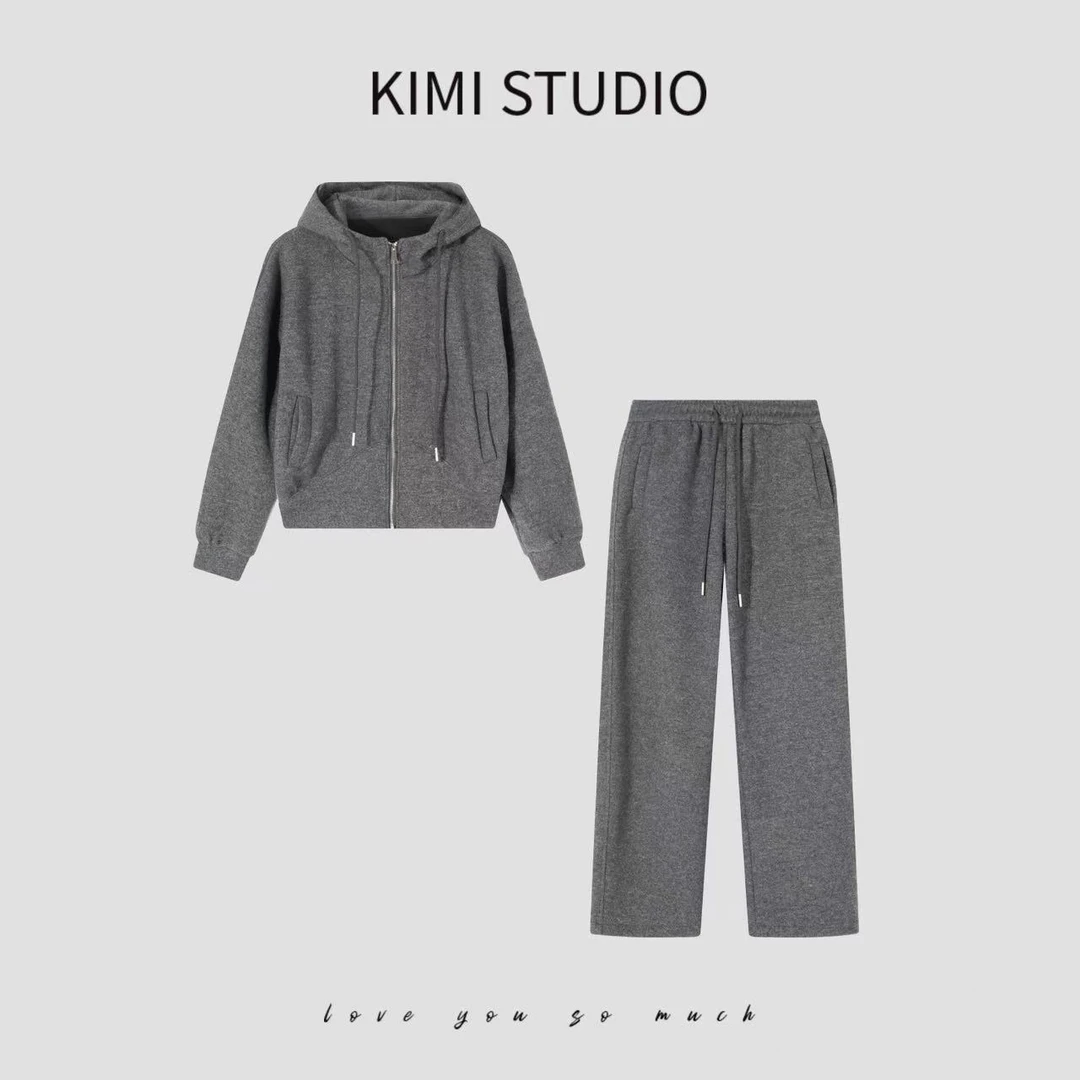 KIMI秋冬极简百搭混纺棉质连帽卫衣套装AW241455