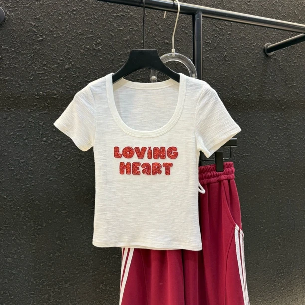 刺绣字母夏季锁骨U领短袖女款爆款2025新款修身显瘦上衣夏112#