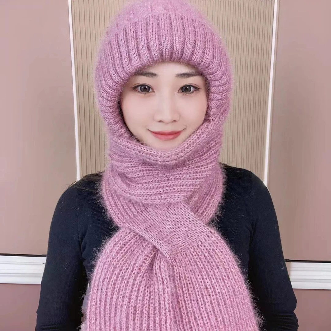 松鼠绒毛线编织帽子女2025新款冬季女士加绒风雪帽帽子围巾一体帽