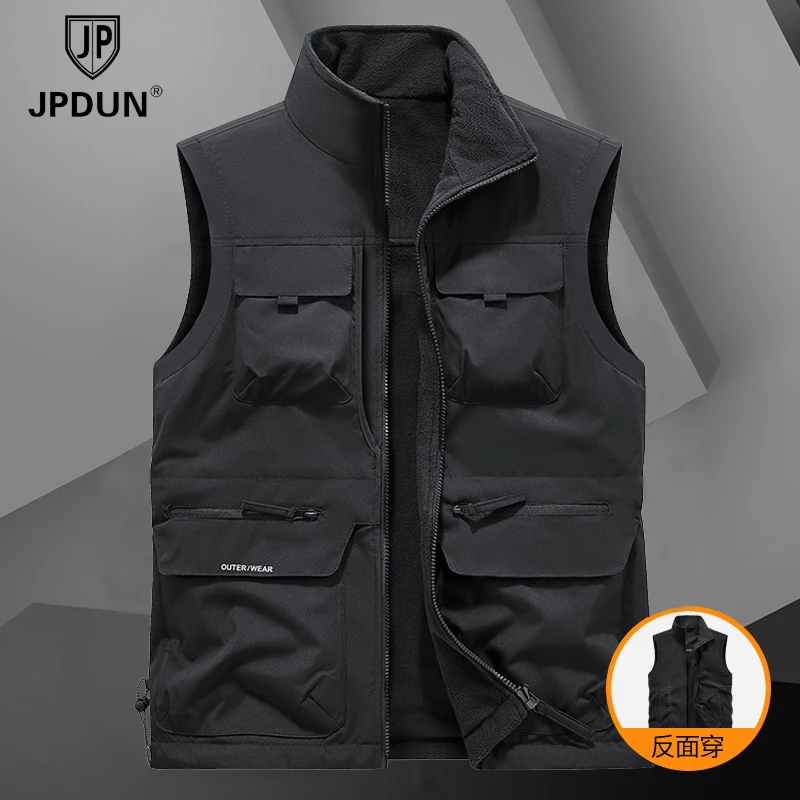 JPDUN户外钓鱼摄影多口袋双面穿马夹背心男士秋冬季薄绒保暖马甲