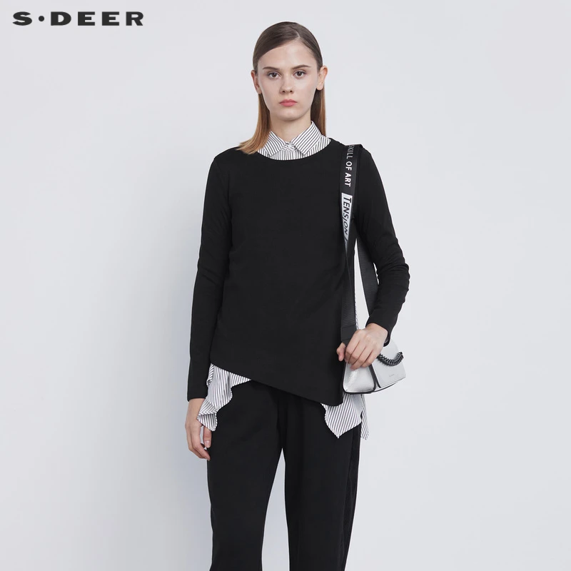 sdeer圣迪奥女装时尚拼接休闲翻领不规则针织两件衬衫S21480517