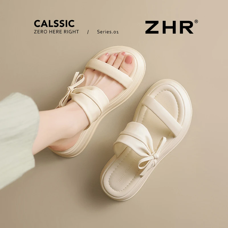 ZHR/则则厚底一字拖女2025夏甜美蝴蝶结外穿凉鞋轻便增高休闲女鞋