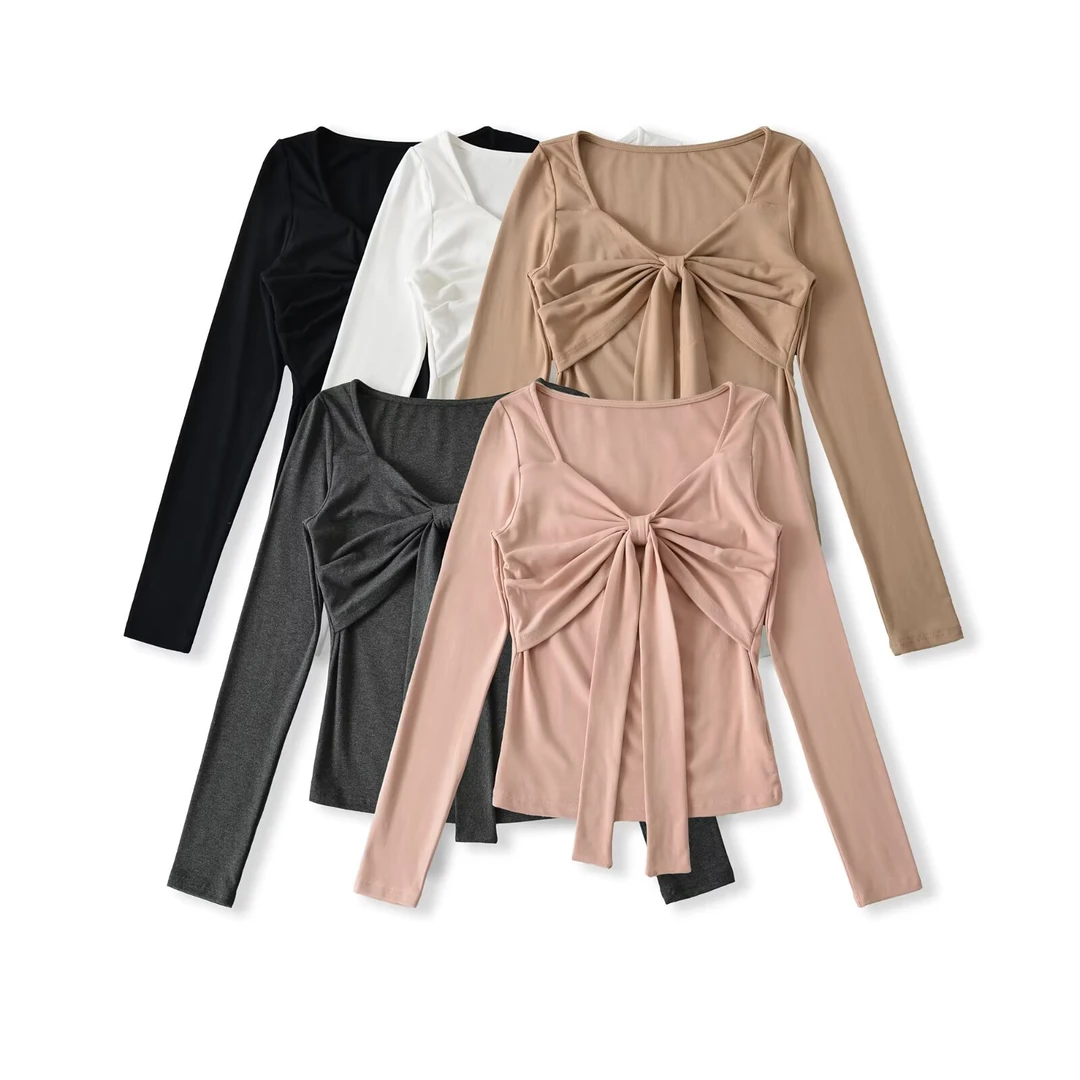 2535秋季新款女装法式复古纯欲风蝴蝶结系带气质修身长袖T恤上衣