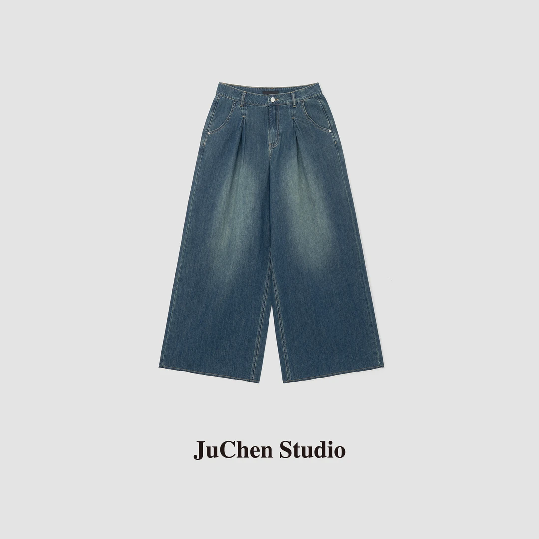 “梧桐大道”雅痞风柔软棉荷叶褶皱宽松阔腿牛仔裤SS24AB37-154