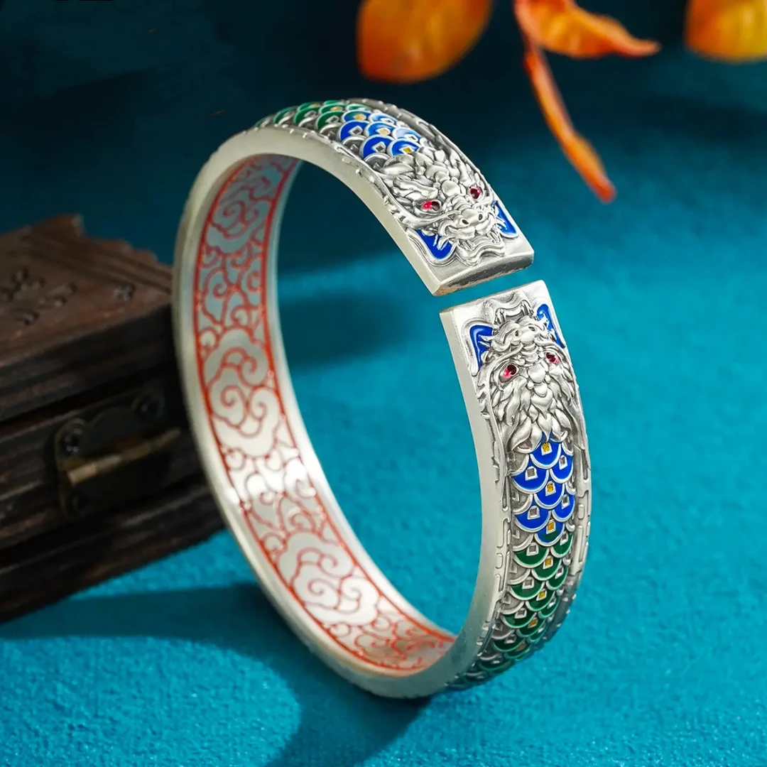 足银手镯 古风银镯足银999.9珐琅五帝钱双龙手镯复古精工银镯子女