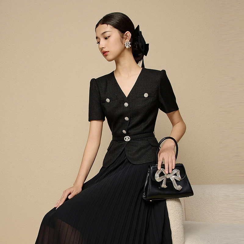 LIME/莱茵【月光漫步】夏季假两件显瘦优雅连衣裙黑色LMGB4AWOPP06