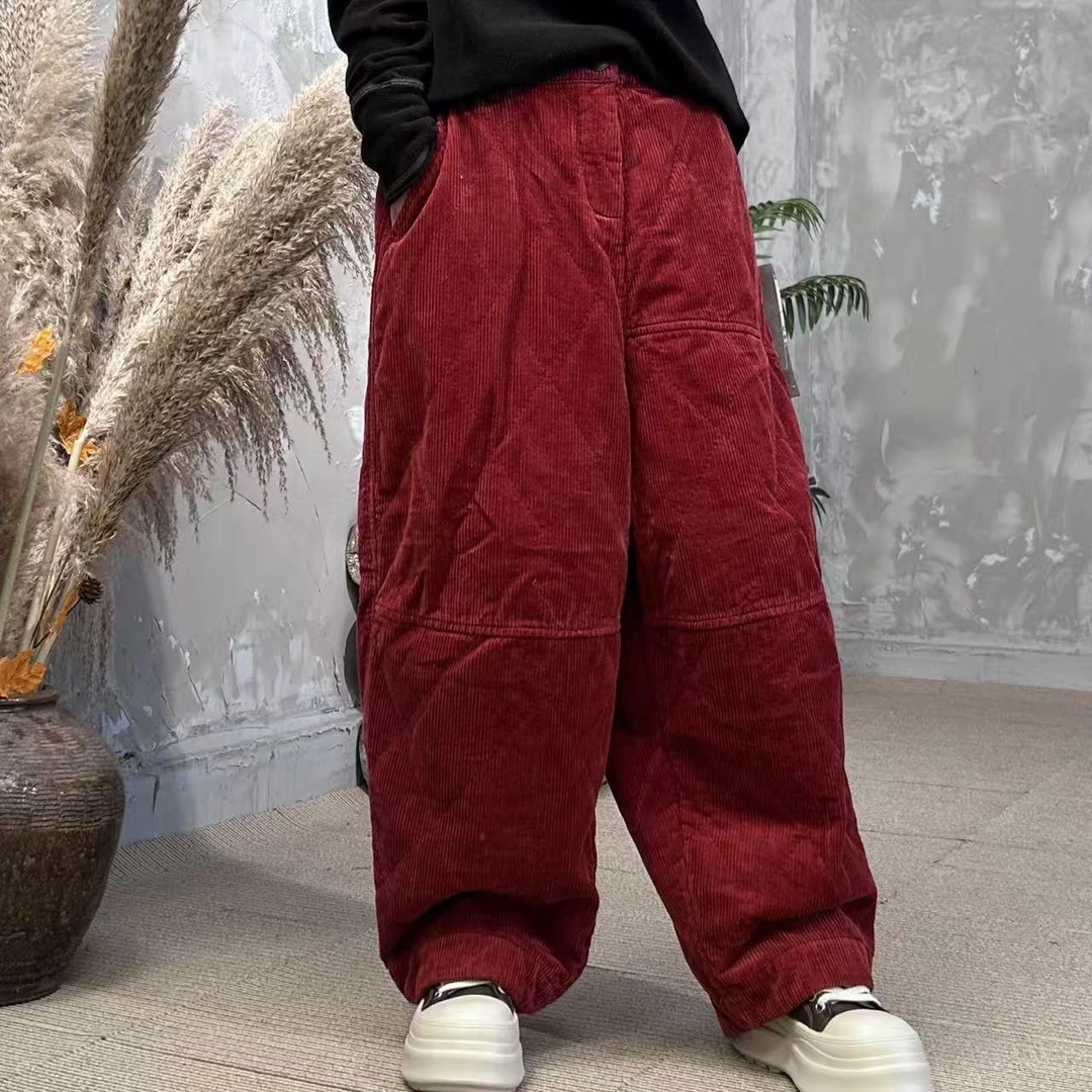 忆古朴拙251112灯芯绒八分菱形格时尚百搭保暖棉裤