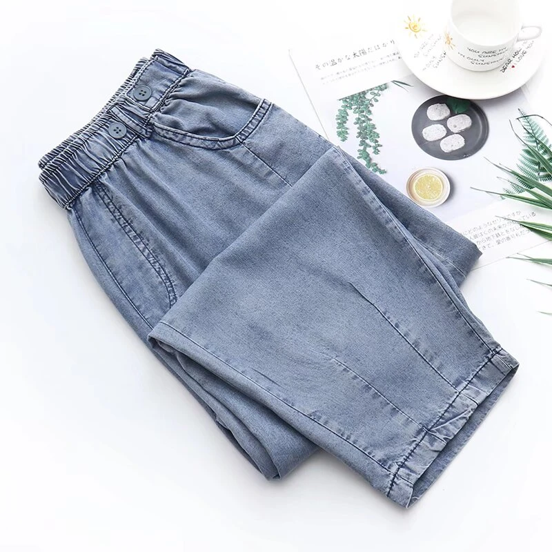JIANAOBEN/简澳本夏季薄款大码松紧腰哈伦牛仔裤女宽松显瘦八分裤