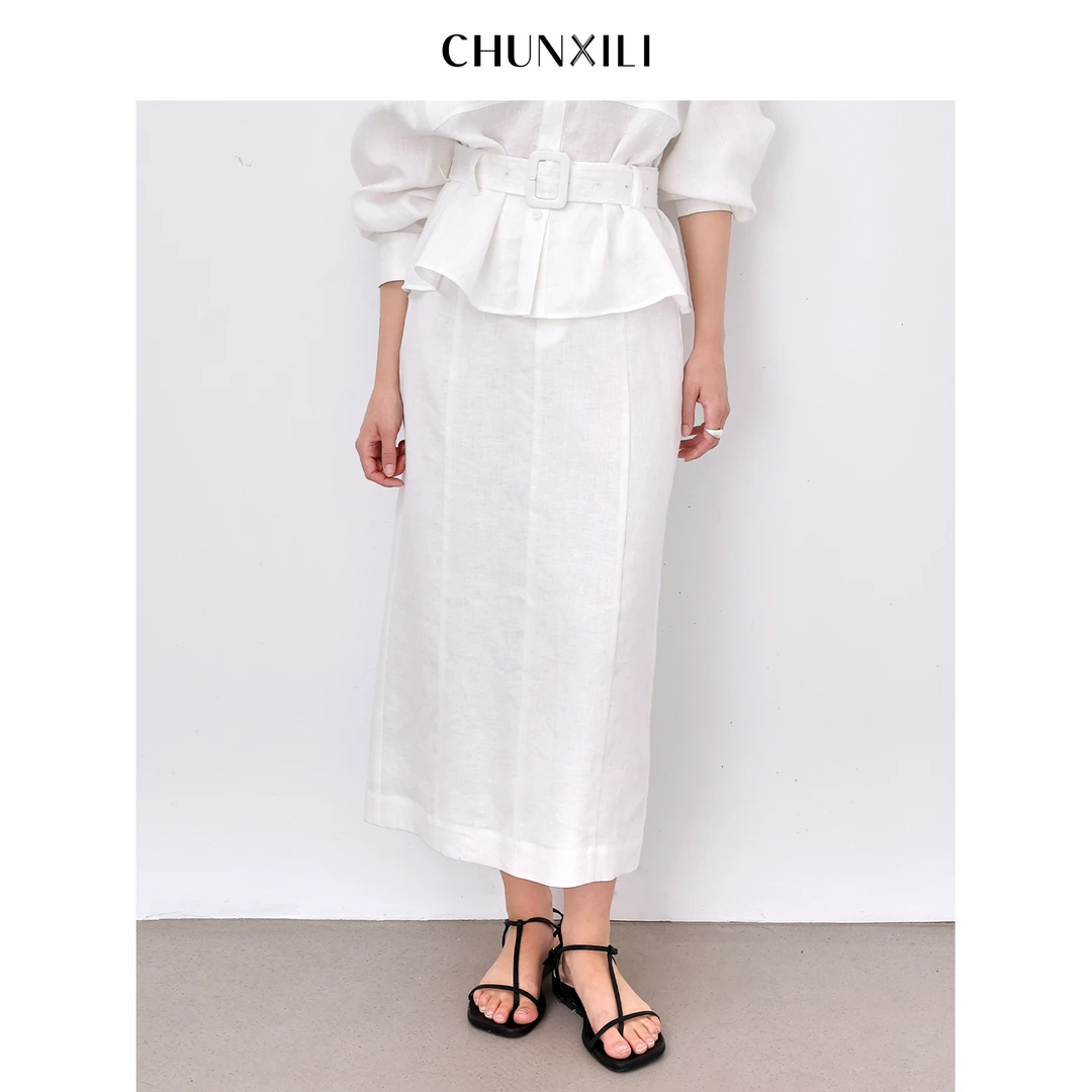 CHUNXILI/春熙里 时尚直筒亚麻开叉半身裙D02B52032