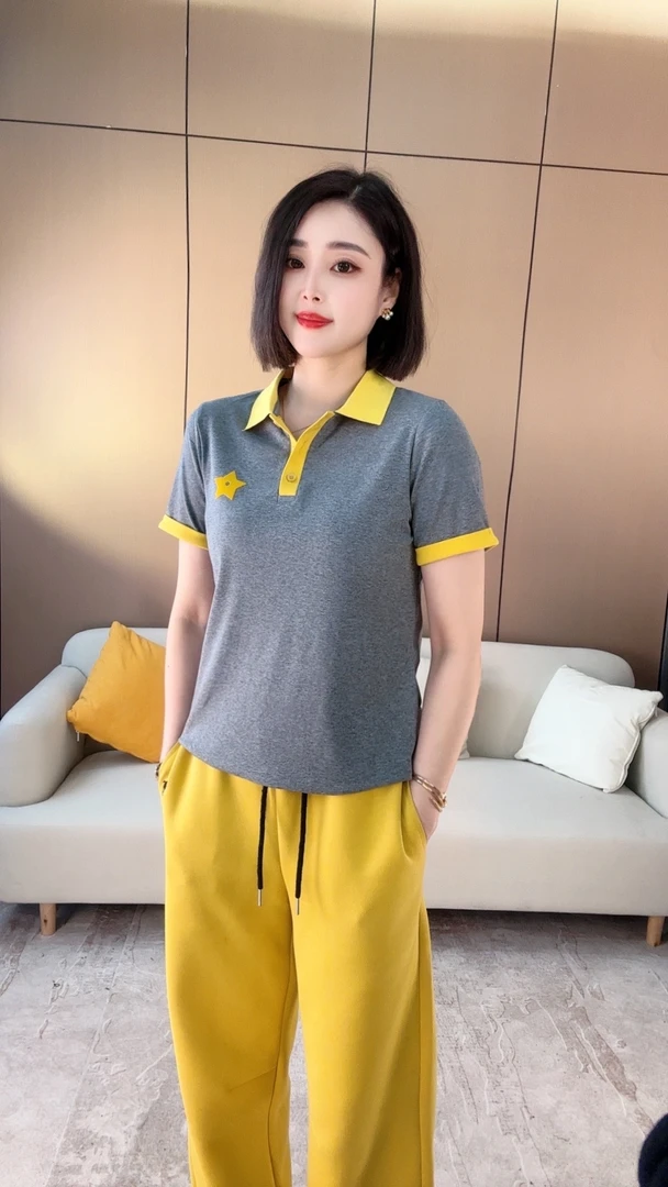 2510夏款女士翻领T恤休闲时尚百搭宽松修身女装短袖