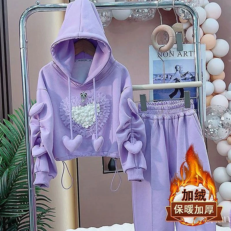 女童一体绒运动套装秋冬季大童多巴胺休闲加绒保暖百搭童装两件套