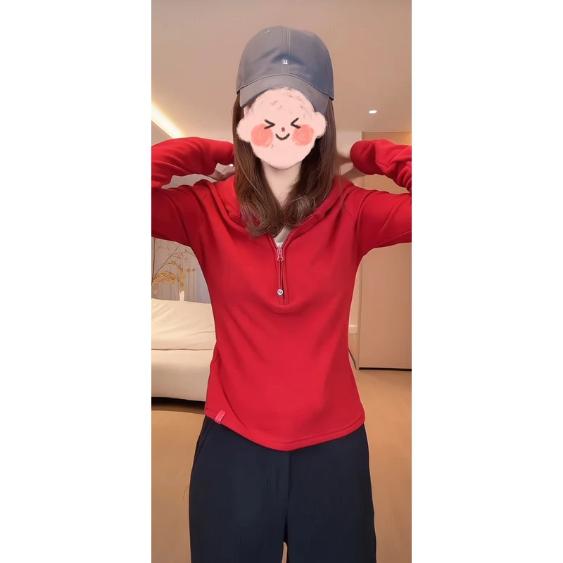红色双面德绒半拉链连帽卫衣女2025秋冬新款自发热轻暖打底上衣厚