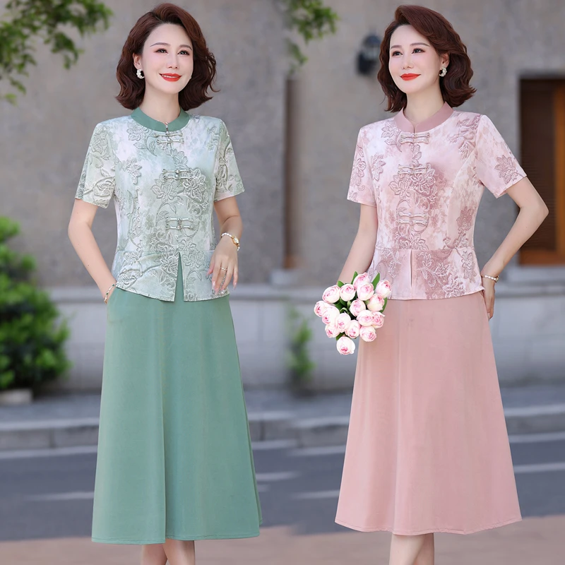 妈妈夏装国风连衣裙女母亲节新款中老年夏季洋气质显瘦假两件裙子