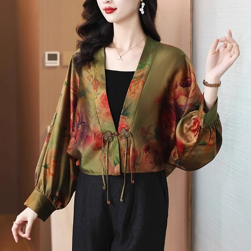 新中式仿香云纱短外套女春秋季仿桑蚕丝真丝国风开衫披肩外搭上衣