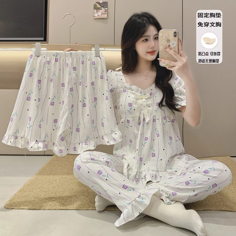 云朵棉带胸垫三件套睡衣女夏季短袖短裤甜美宫廷风家居服长裤套装