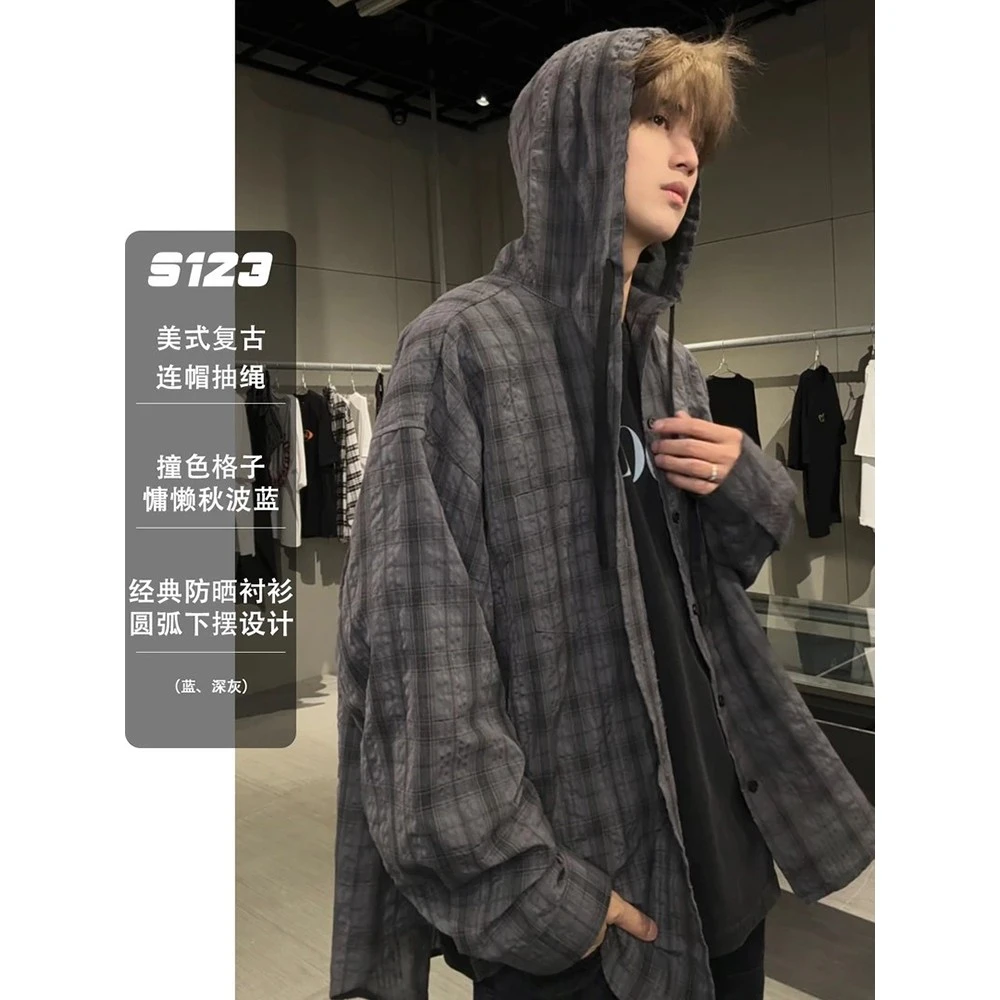 美式连帽格子衬衫男夏季设计感长袖衬衣cleanfit轻薄透气外套