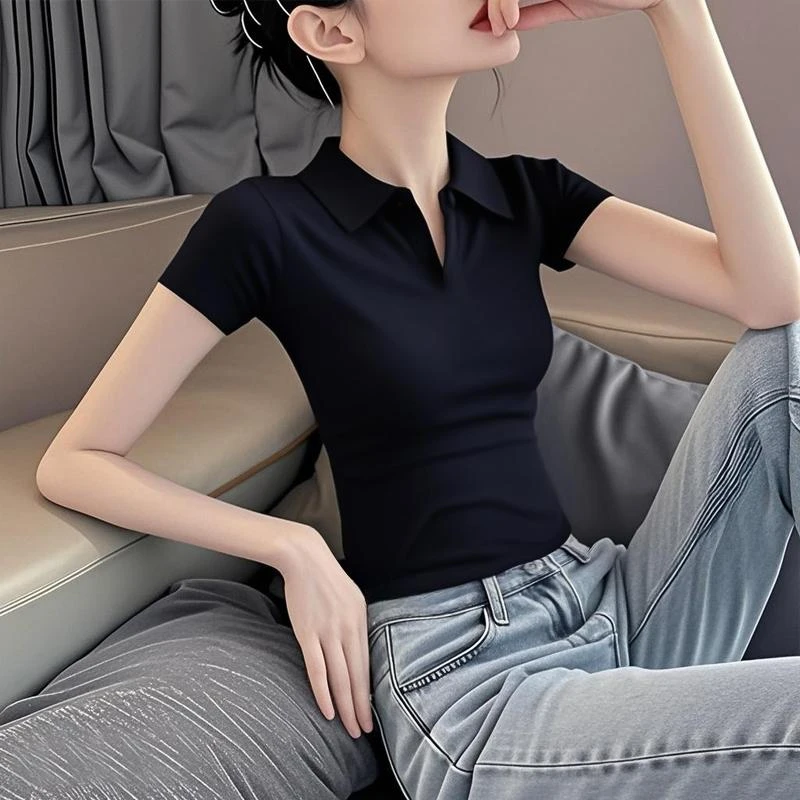 黑色polo领正肩短袖T恤女上衣下摆修身百搭设计感潮2025新款夏季